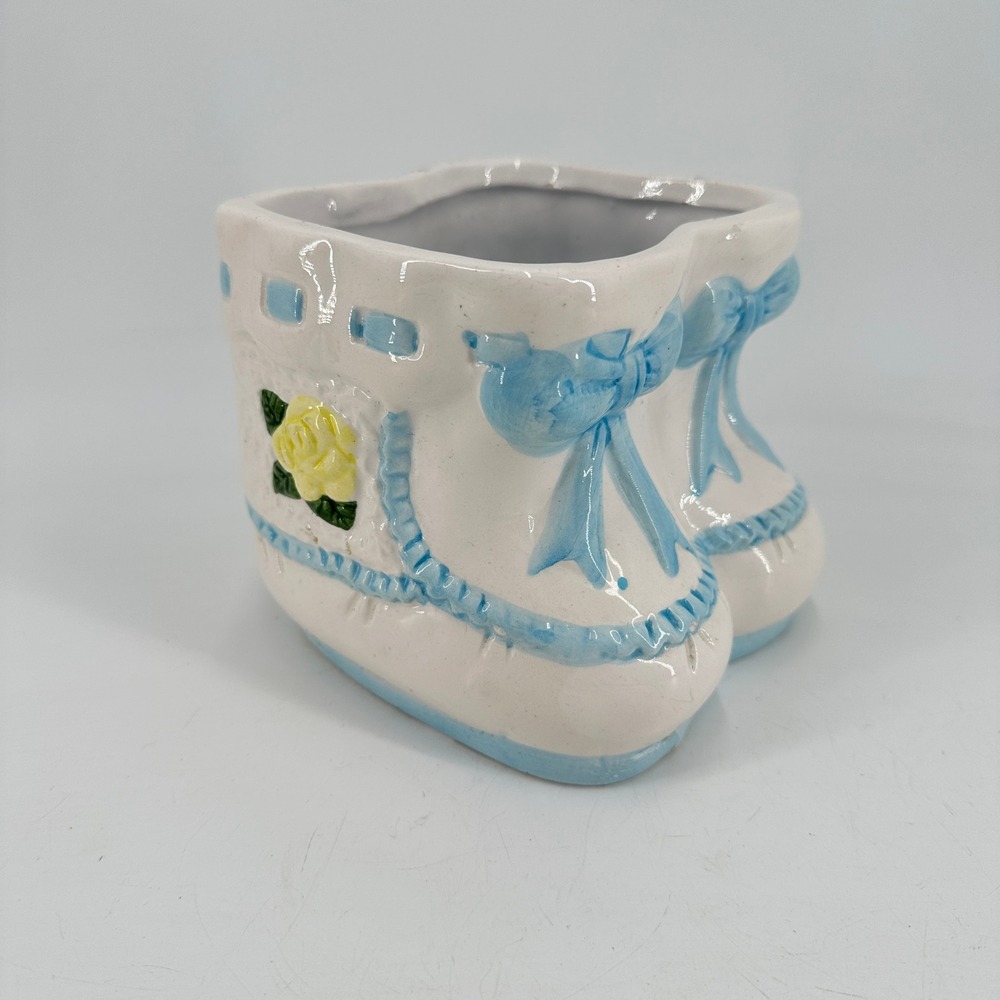 Vintage Style Ceramic Baby Booties Planter Blue White Yellow Rose Nursery Decor